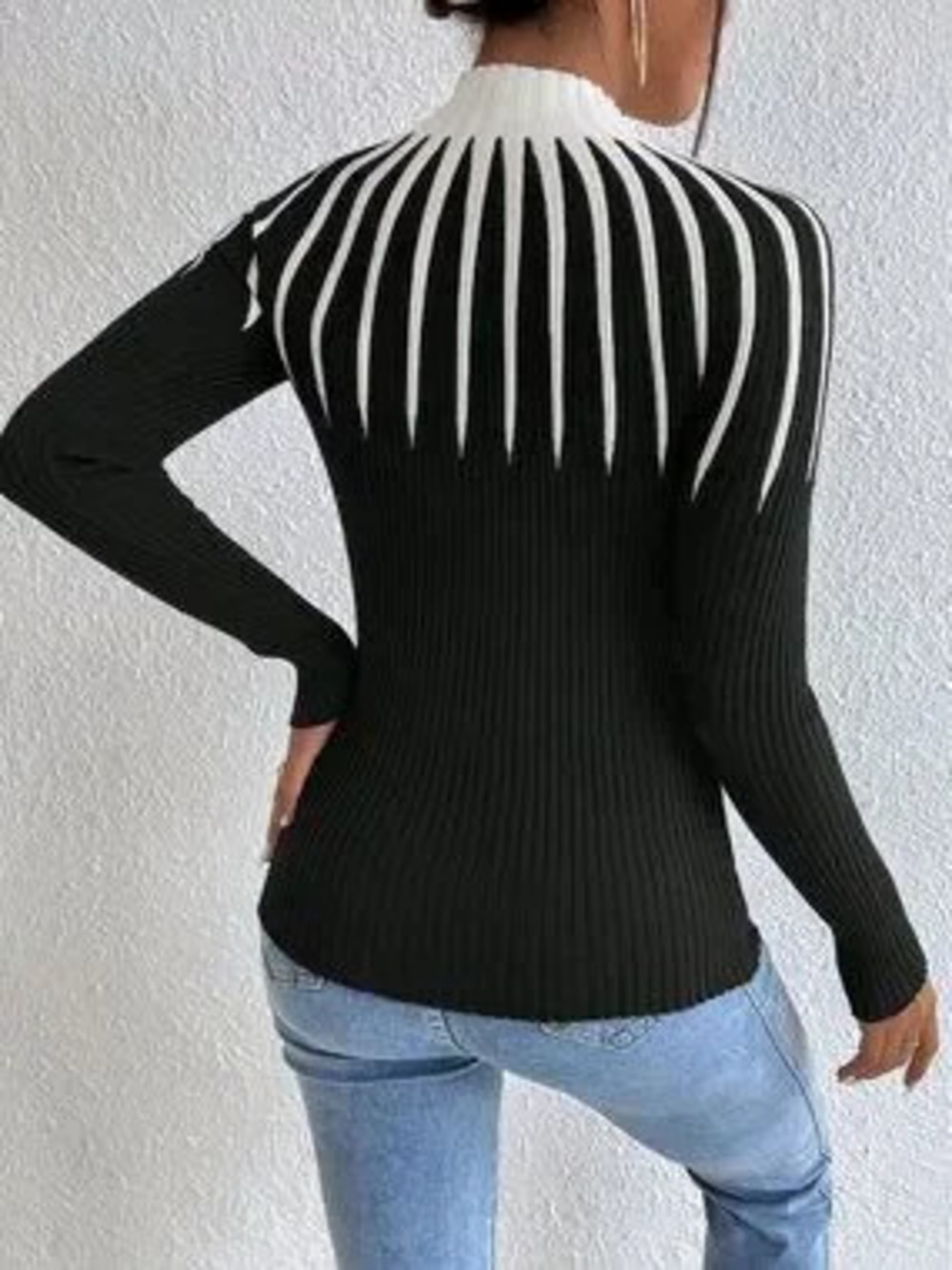 Black And White Casual Women's Striped Pattern Fitted Long Sleeve Sweater